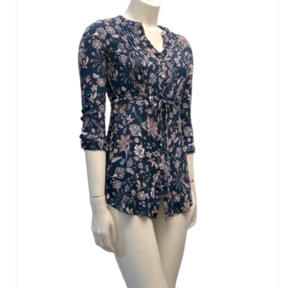 Hilary Radley Navy Blue 3/4 Sleeve Tunic with Floral Print and Mandarin Collar